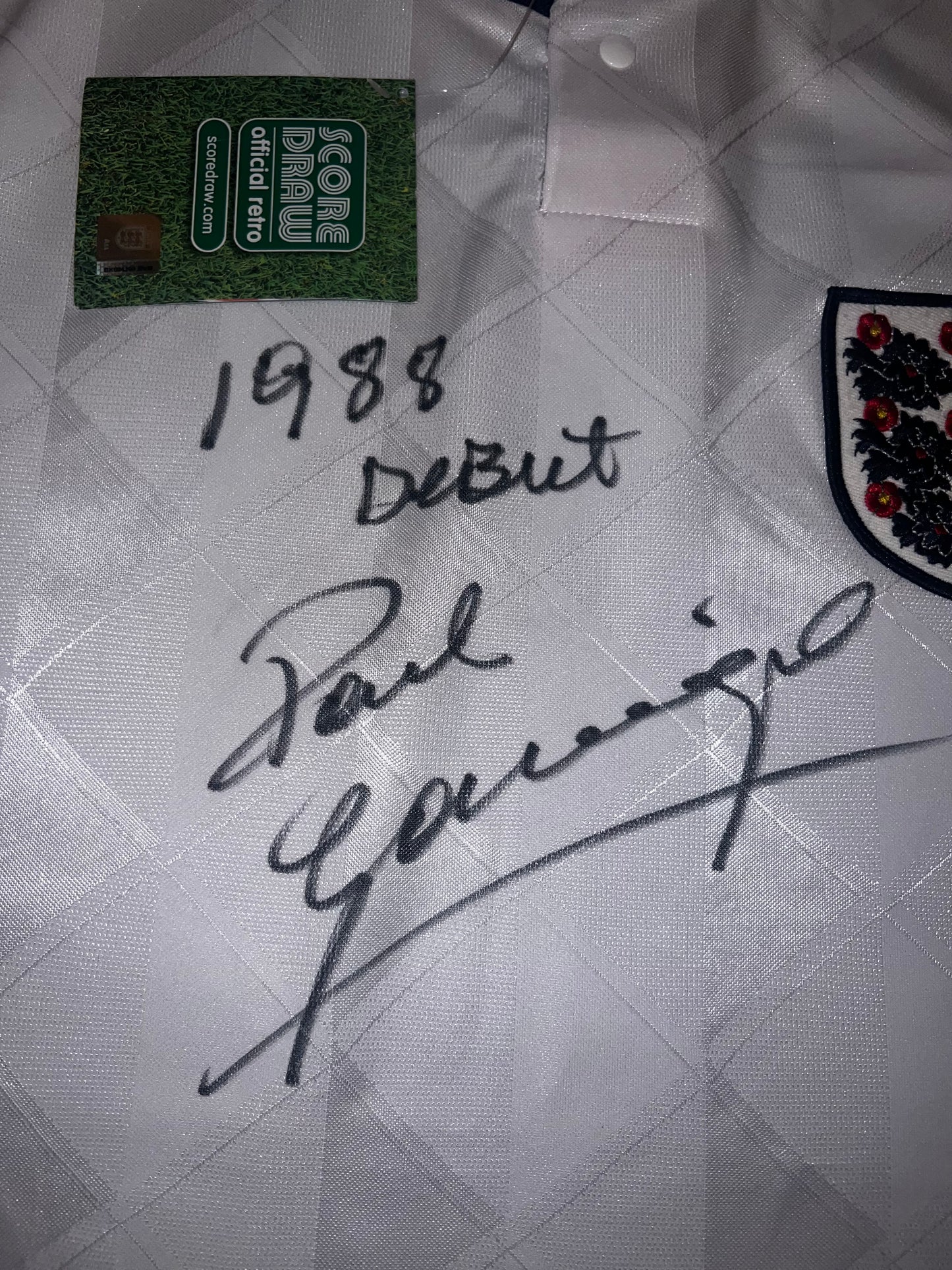 Paul Gascoigne ‘Gazza’ Signed Official Score Draw England 87-89 Home Shirt- Dedicated ‘1988 Debut’