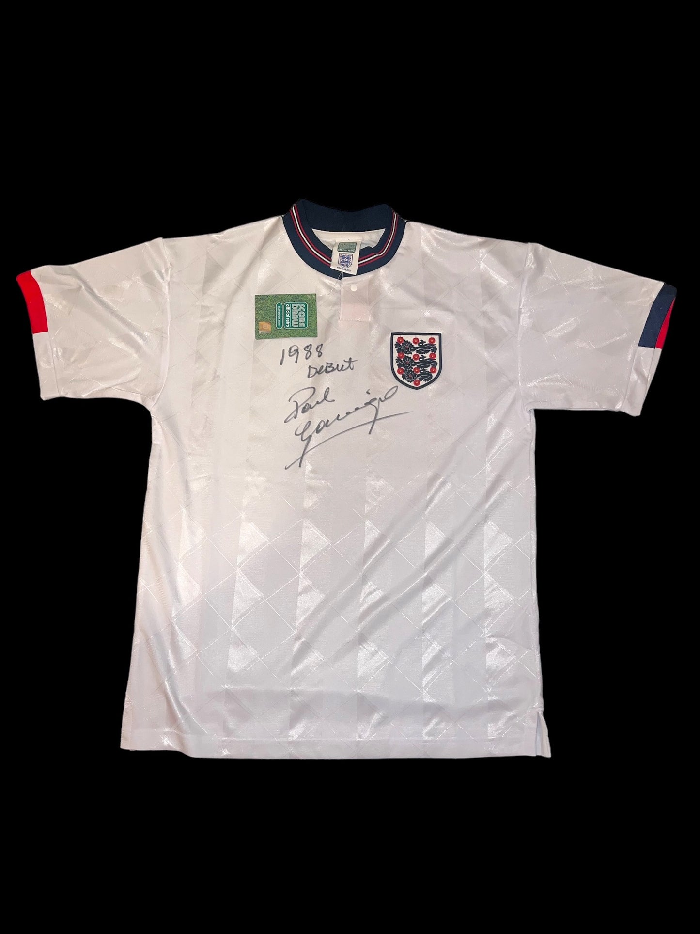 Paul Gascoigne ‘Gazza’ Signed Official Score Draw England 87-89 Home Shirt- Dedicated ‘1988 Debut’