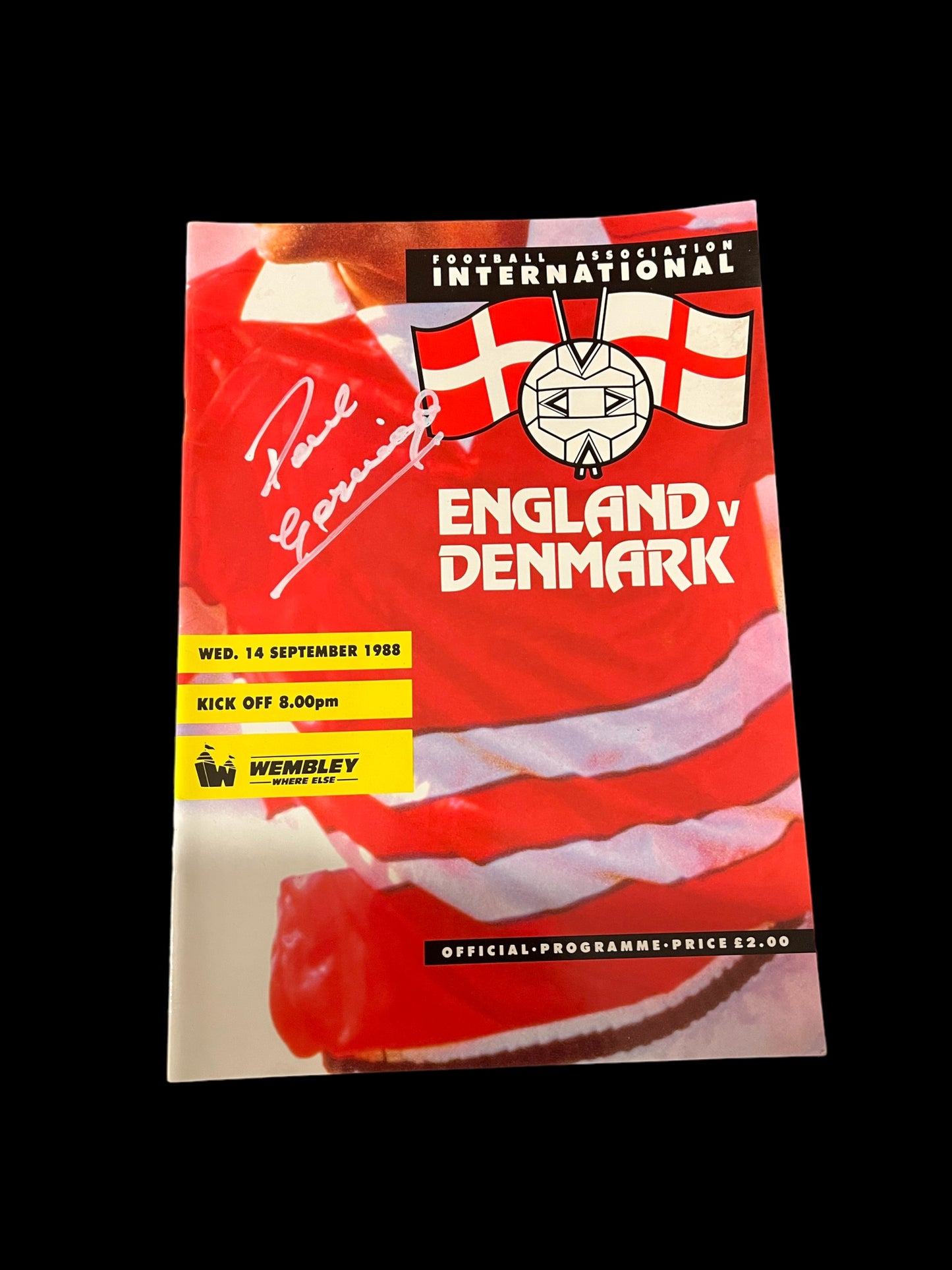 Paul Gascoigne Signed England Debut Programme- v Denmark 1988 Wembley Stadium