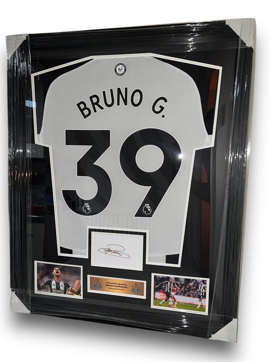 Bruno Guimaraes Signed Card Display With Newcastle United 24/25 Home Shirt- Deluxe Framed