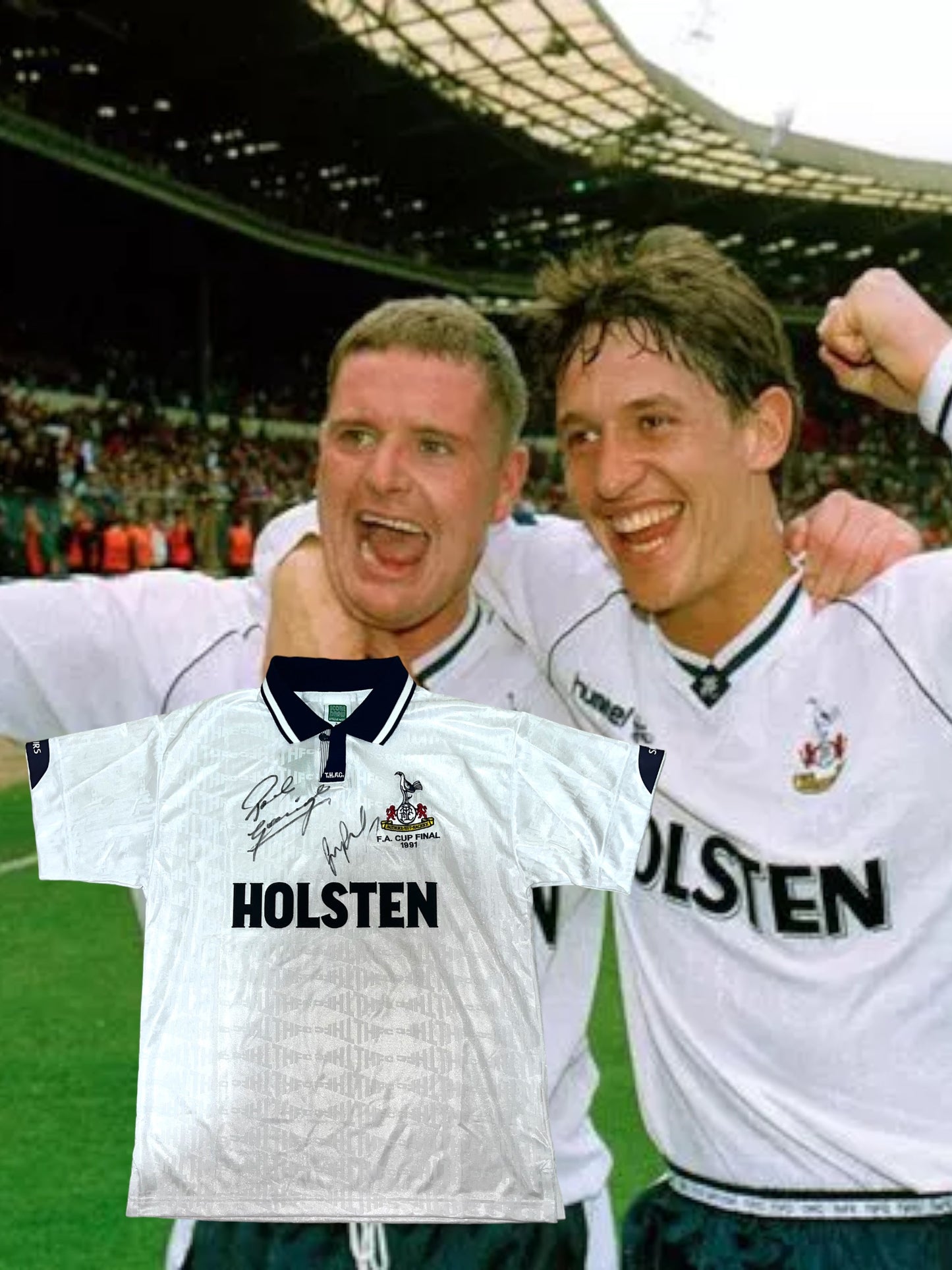 Paul Gascoigne ‘Gazza’ and Gary Lineker Duel Signed Official Score Draw Retro Tottenham 1991 FA Cup Final Shirt