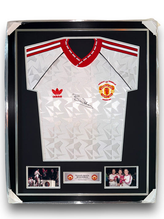 Bryan Robson Signed Manchester United 1991 European Cup Winners Cup Shirt- Deluxe Framed